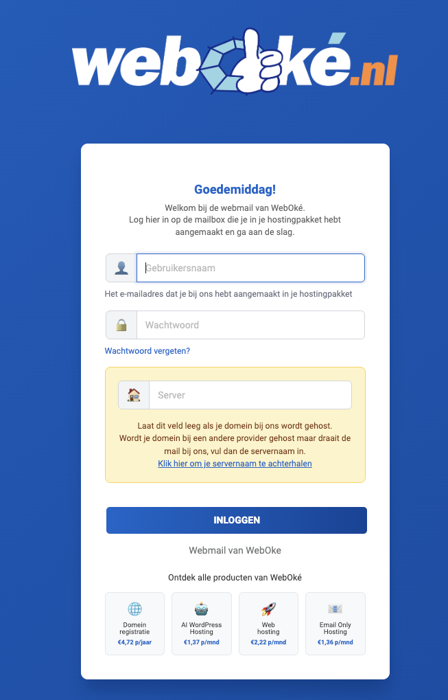 Ecranul de autentificare al webmailului WebOké