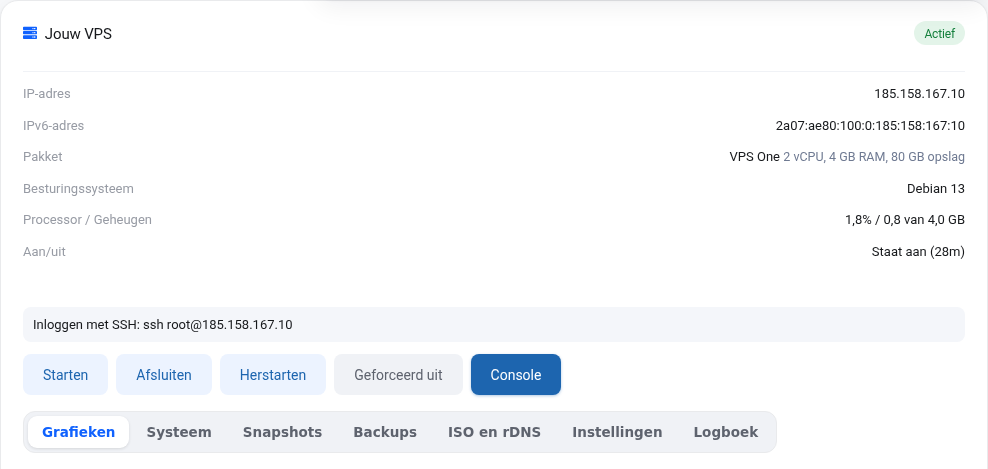Ecranul VPS cu rândul Autentificare prin SSH